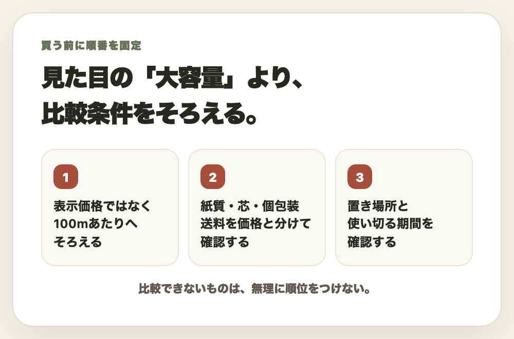 日用品を単位、仕様、送料の順で確認する図
